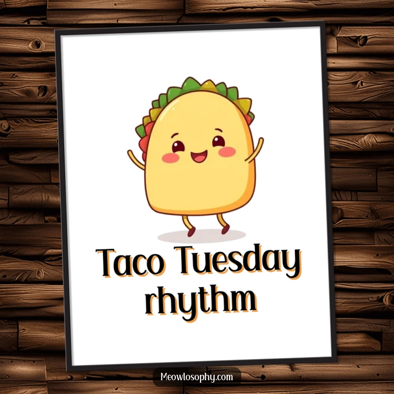 Funny Poster featuring a happy taco character with legs joyfully shuffle dancing, bringing vibrant, edible energy to any room.