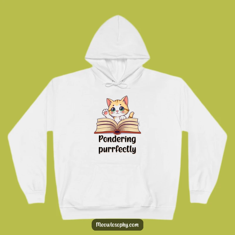 Cozy Funny Curious Cat Book Hoodie - Thoughtful Paw, Warm Library Gift