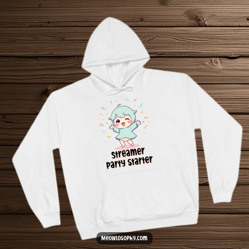 Funny Dancer Hoodie: A playful character dances energetically, with streamers flying, creating a joyful and festive atmosphere.