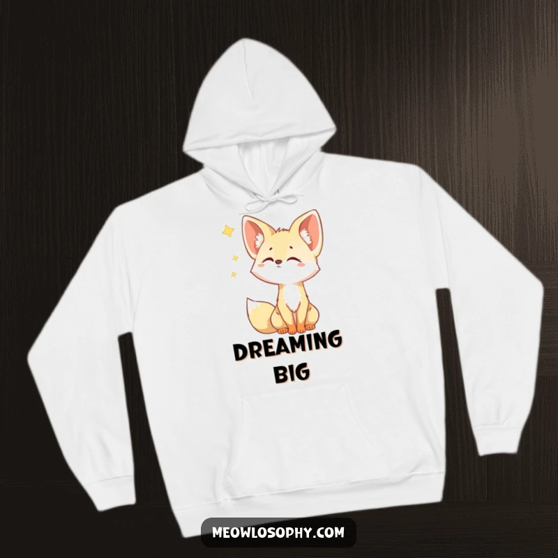 Funny Fennec Fox Hoodie shows a cute fox with its characteristic large ears attentive, observing a distant falling star with captivating curiosity.