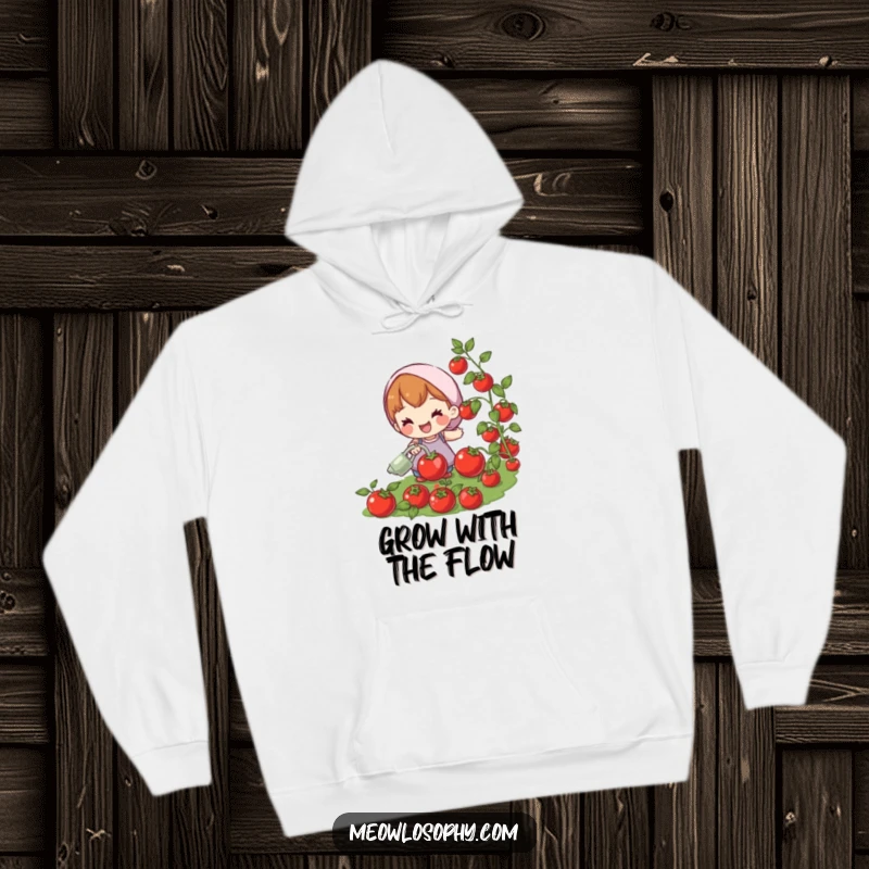 Funny hoodie with a joyful character watering plump, red tomatoes. Comfortable and humorous for garden lovers.