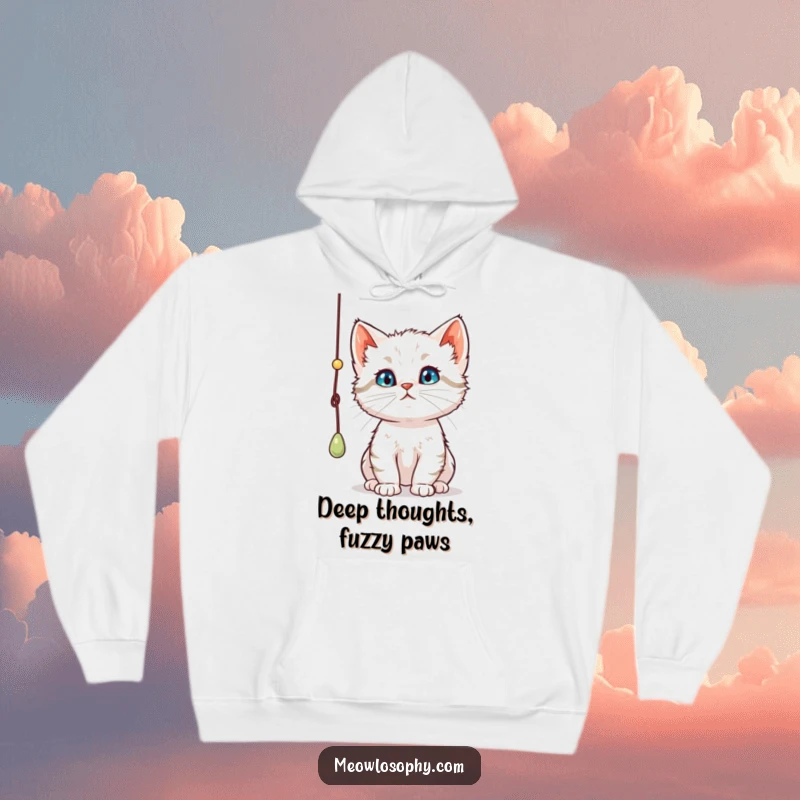Funny curious kitten hoodie, depicting a thoughtful cat engrossed in batting a dangling string, the epitome of cozy humor.