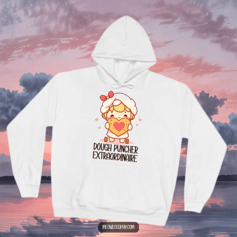 Funny kawaii character happily baking a heart-shaped bread loaf, featured on a comfortable and warm hoodie.
