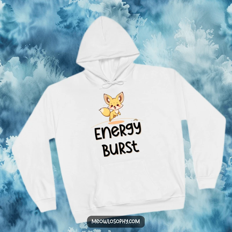 Funny Fennec Fox Hoodie shows a cute fox with ears flying back, mid-zoomie across a sandy desert, radiating boundless energy.
