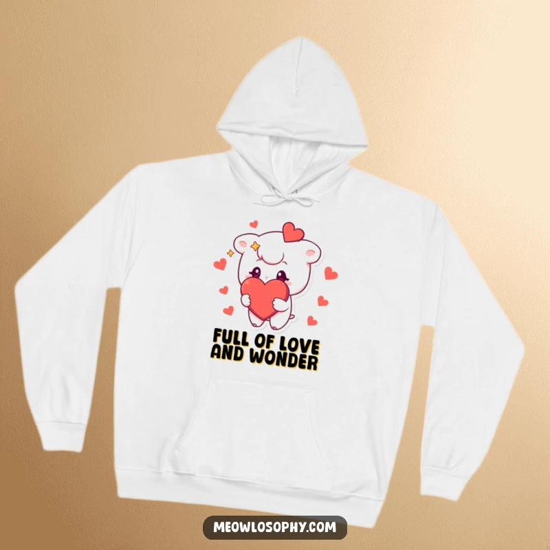 Funny hoodie depicting a cute character with stars in its eyes, holding a big, red heart, perfect for cozy, loving wear.