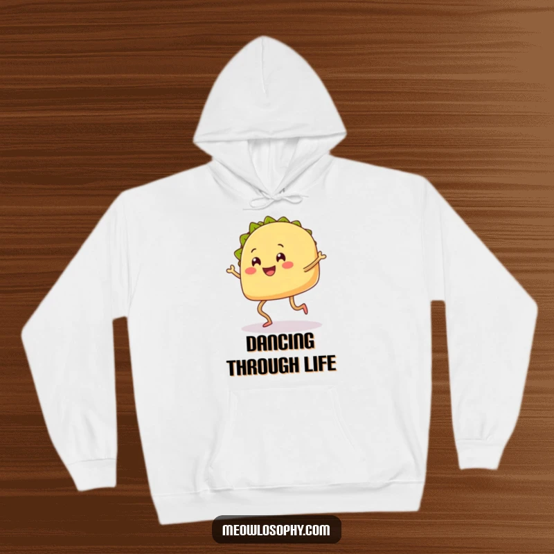Funny Taco Hoodie with legs smiling and doing a happy shuffle dance, cozy and festive wear.