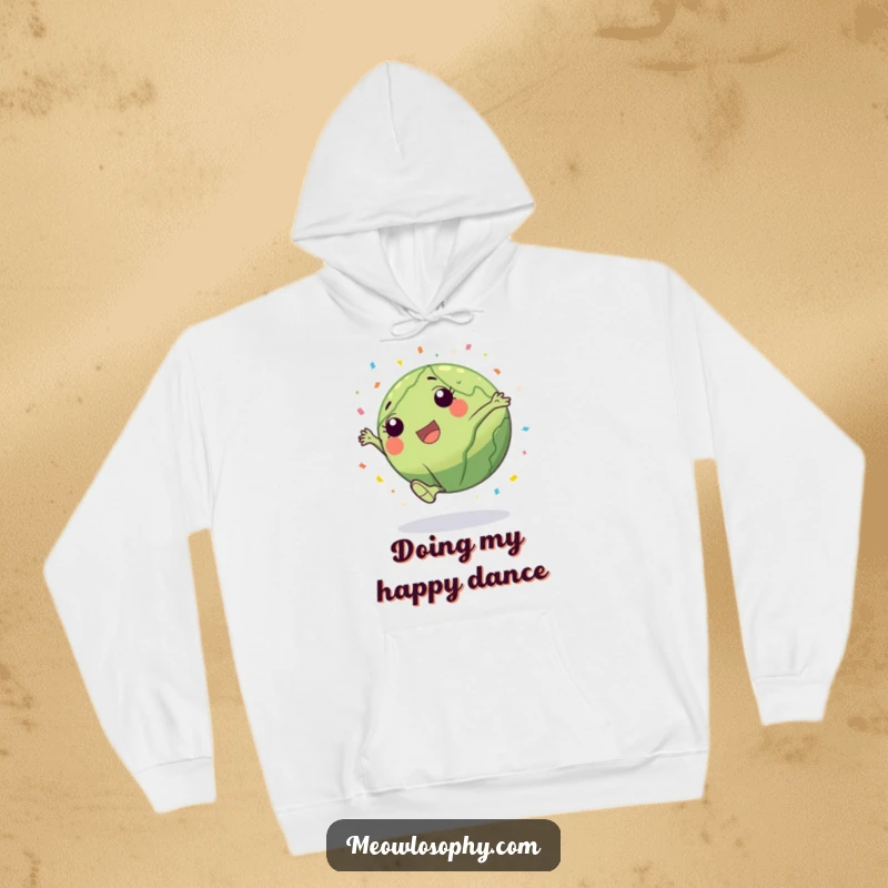 Funny Earth character doing a cartwheel with a trail of confetti, featured on a warm hoodie, for cozy, festive wear.