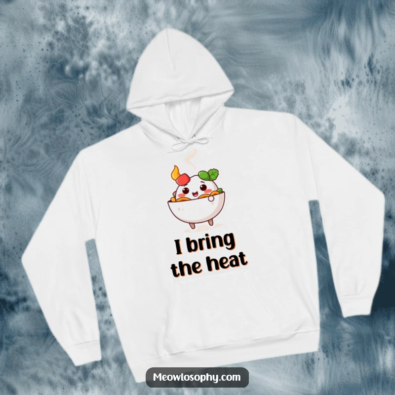 Funny cute fajita bowl character wiggling happily with steam, featured on a cozy, humorous hoodie.