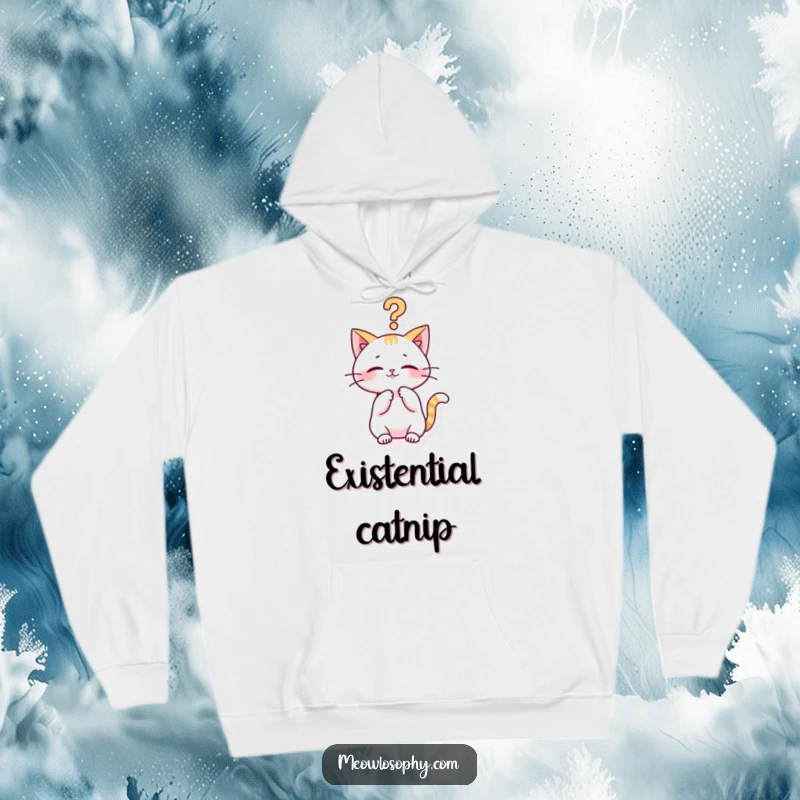 Funny kawaii cat hoodie with a cute character playfully batting at a philosophical question mark, comfortable and humorous loungewear.