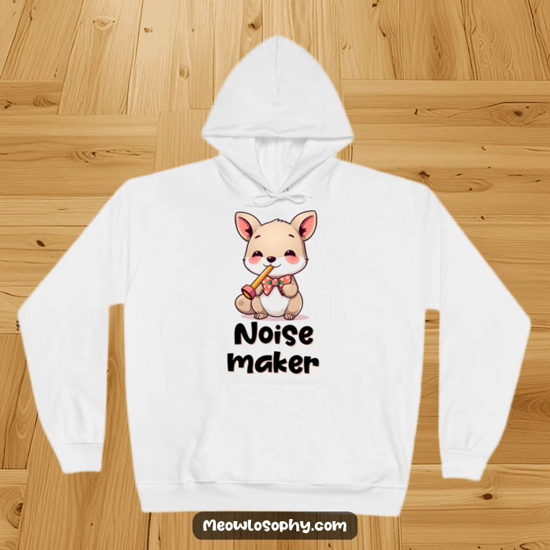 Funny Hoodie depicting a stylish animal in a bowtie, blissfully playing a miniature kazoo, perfect for cozy laughs.
