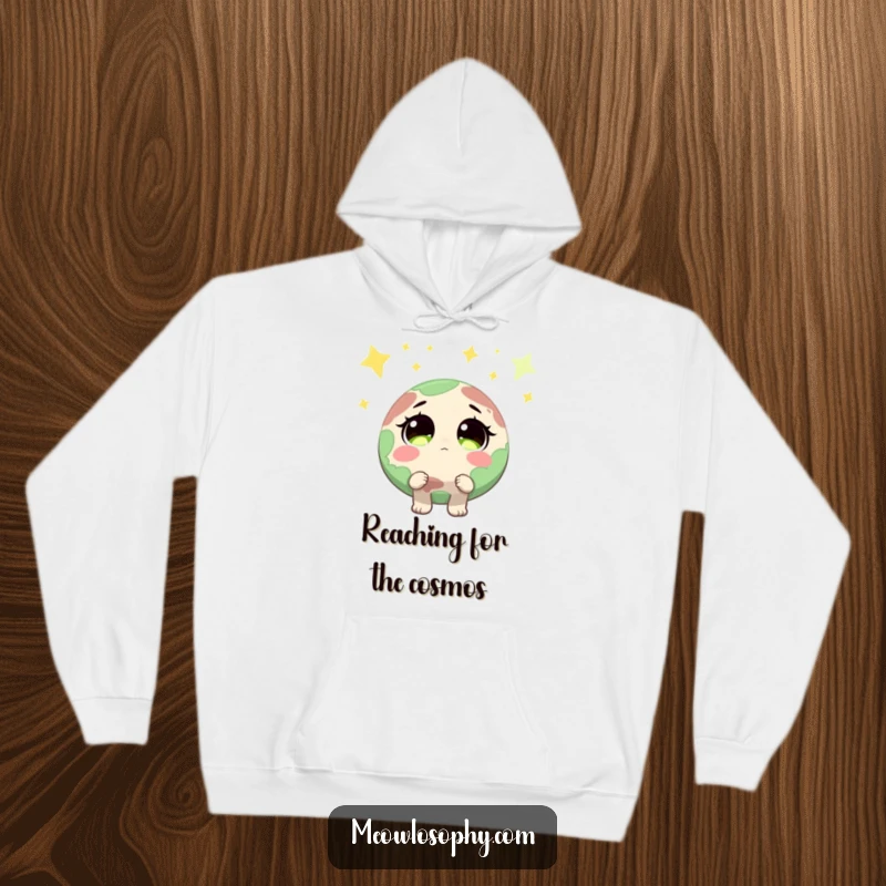 Funny Earth character with wide, sparkling eyes looking up at shooting stars, featured on a warm hoodie, for cozy, dreamy wear.