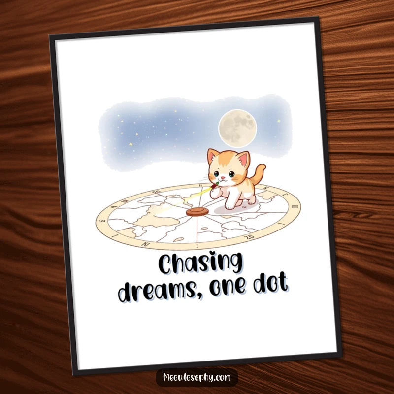 Funny Free Printable Wall Art: A lively kitten dashes across a detailed celestial map, pursuing a bright laser pointer beam with playful intensity.