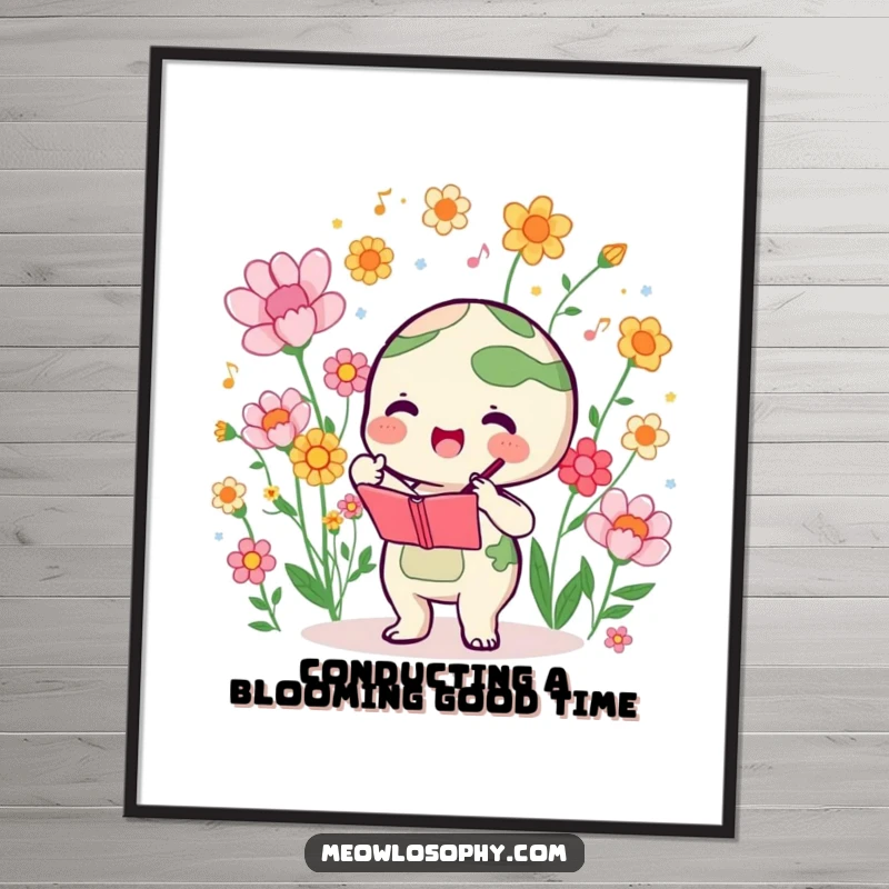 Funny Free Printable Wall Art: Cute Earth character enthusiastically conducting a symphony of blooming flowers.
