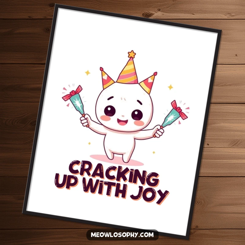 Funny free printable wall art of an adorable character grinning widely while juggling three dazzling, sparkling party crackers.