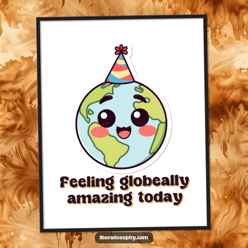 Funny Free Printable Wall Art: Stylized Earth character in a party hat, wearing a happy, surprised expression, ready for fun.