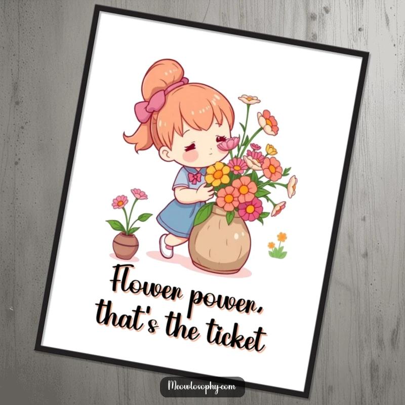 Funny Free Printable Wall Art: A cute character carefully arranging fresh flowers in a rustic vase with gentle focus.