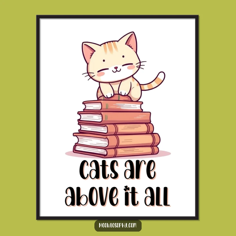 Free Printable Book Cat Wall Art: Balancing Kitty Wisdom Downloadable Decor