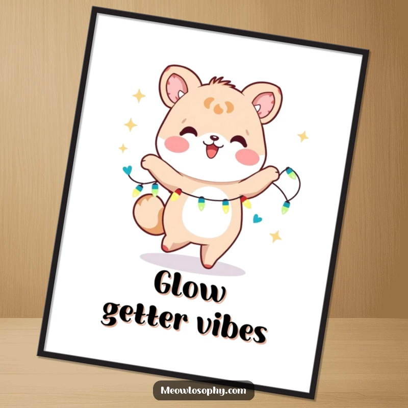Funny free printable wall art depicting a kawaii animal dancing energetically with a twinkling string of fairy lights.