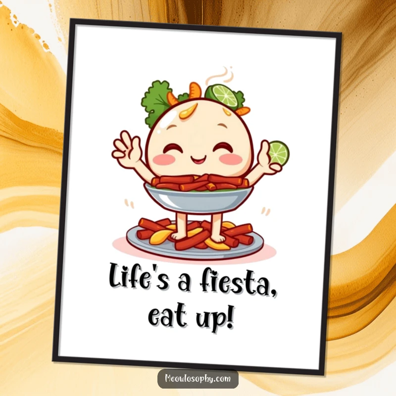 Funny Free Printable Wall Art: Joyful fajita platter character with tiny lime wedges waving hello, perfect for kitchen decor.