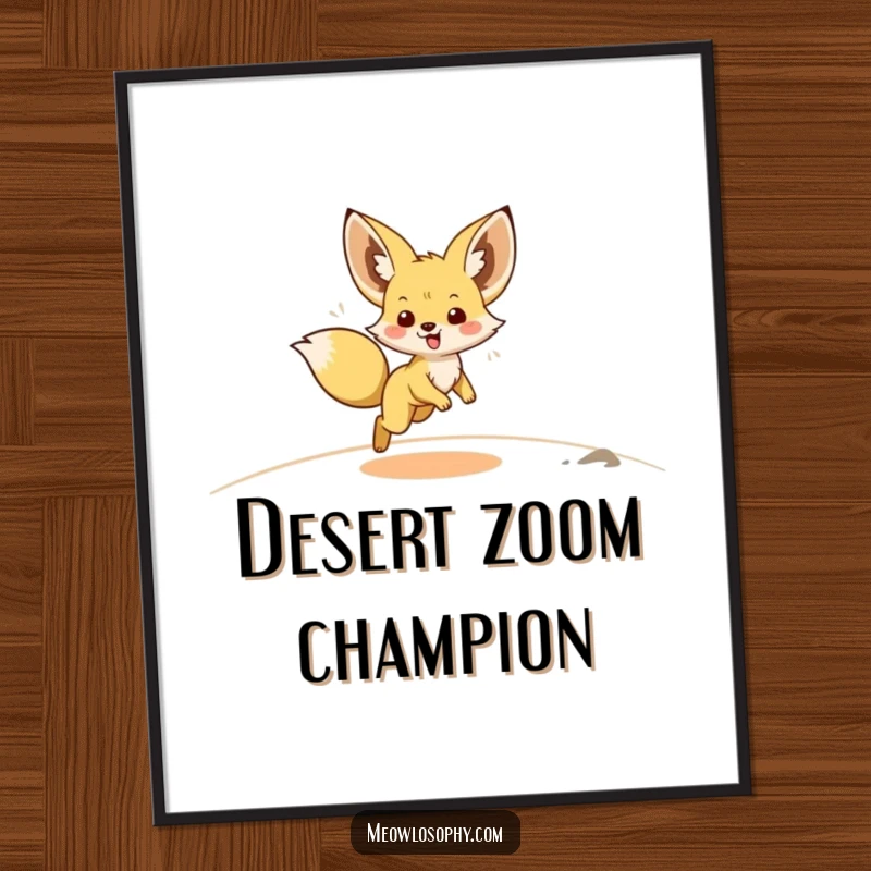 Funny Free Printable Fennec Fox Wall Art: Cute and energetic fox doing a happy zoomie across a sandy landscape. Playful downloadable decor.