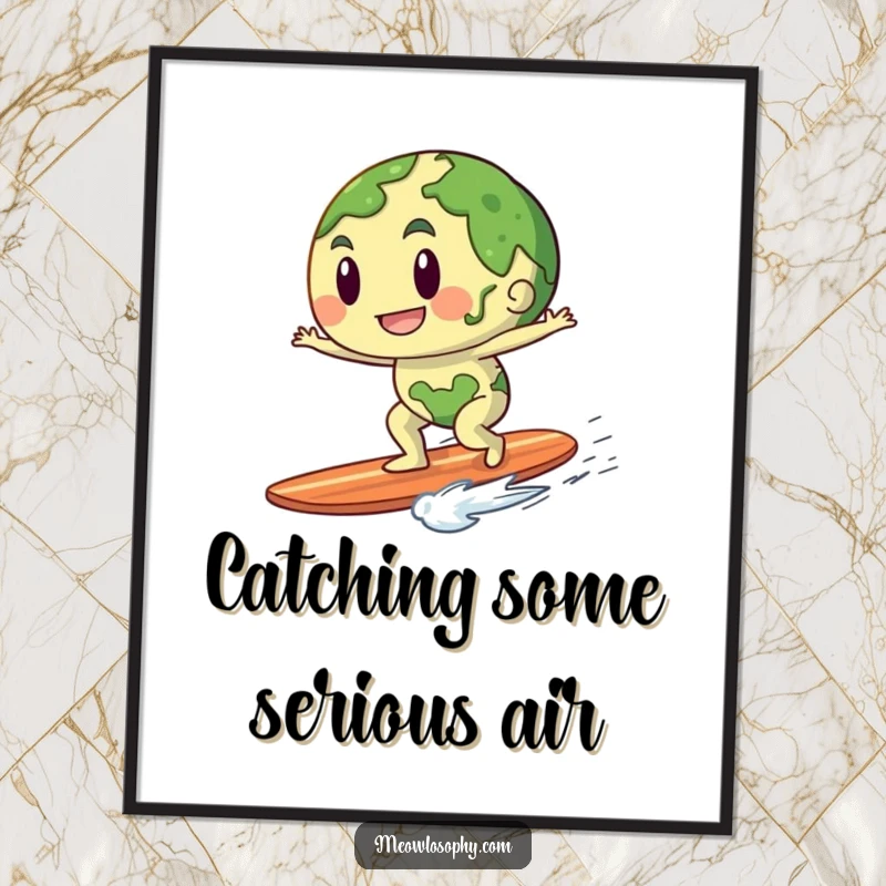 Funny Free Printable Wall Art: Anthropomorphic Earth character playfully surfing on a gentle breeze like a surfboard.