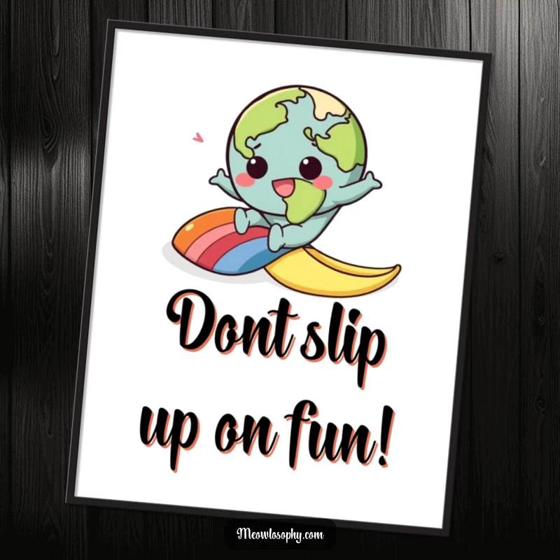 Funny Free Printable Wall Art: Kawaii Earth character comically slipping on a vibrant rainbow banana peel, mid-tumble.
