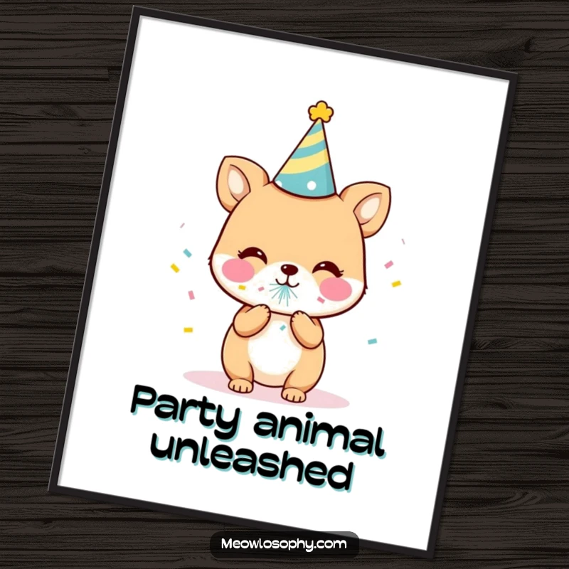 Funny free printable wall art of a cute animal wearing a party hat, gleefully popping a confetti popper.