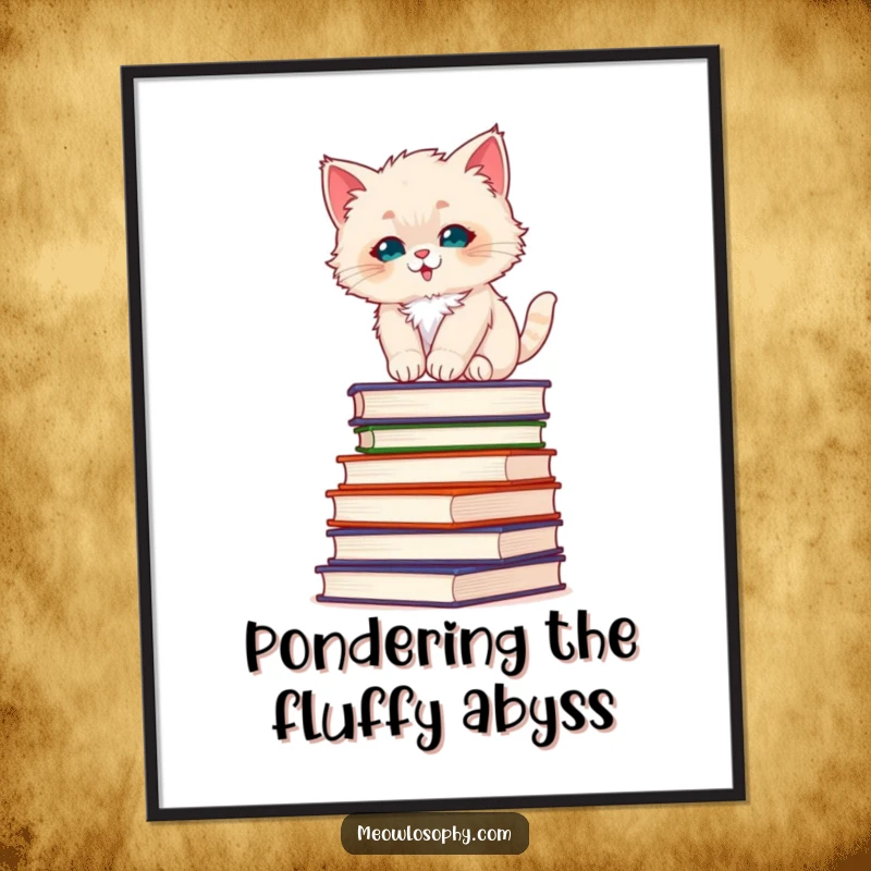 Funny Free Printable Wall Art: A fluffy kitten balances precariously on a stack of weighty philosophy books, looking profoundly thoughtful.