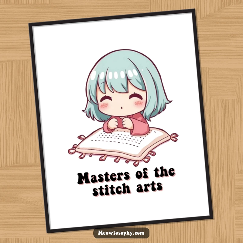 Funny Free Printable Wall Art: An adorable character meticulously stitching a small, colorful quilt with concentrated delight.