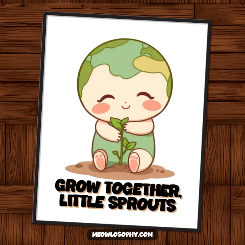 Funny Free Printable Wall Art: A sweet earth character gives a tender hug to a small, sprouting seedling. Peaceful and amusing.