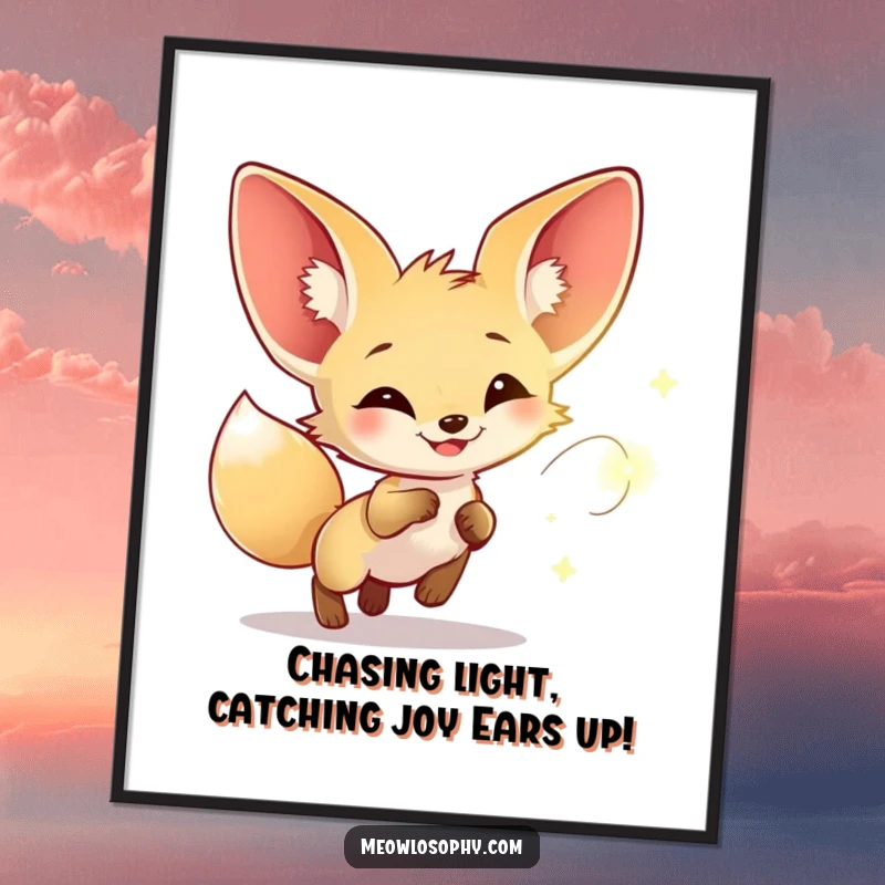 Funny Free Printable Wall Art: Adorable Fennec fox with huge ears joyfully chasing a glowing firefly at night.