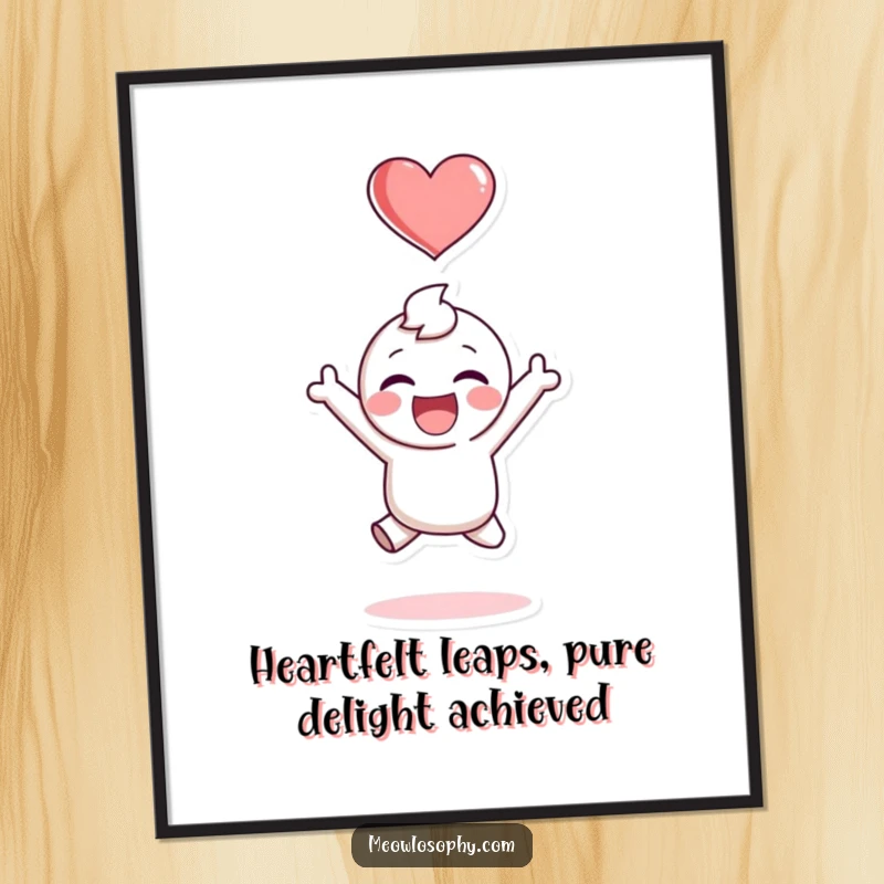Funny Free Printable Wall Art: Character captured mid-jump with a heart symbol overhead, exuding pure joy and energy.