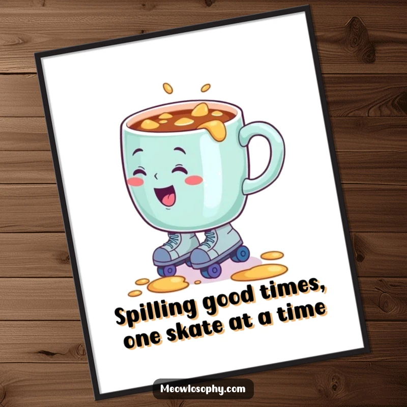 Funny Free Printable Wall Art: A coffee mug on tiny roller skates comically spills, a hilarious piece of decor.