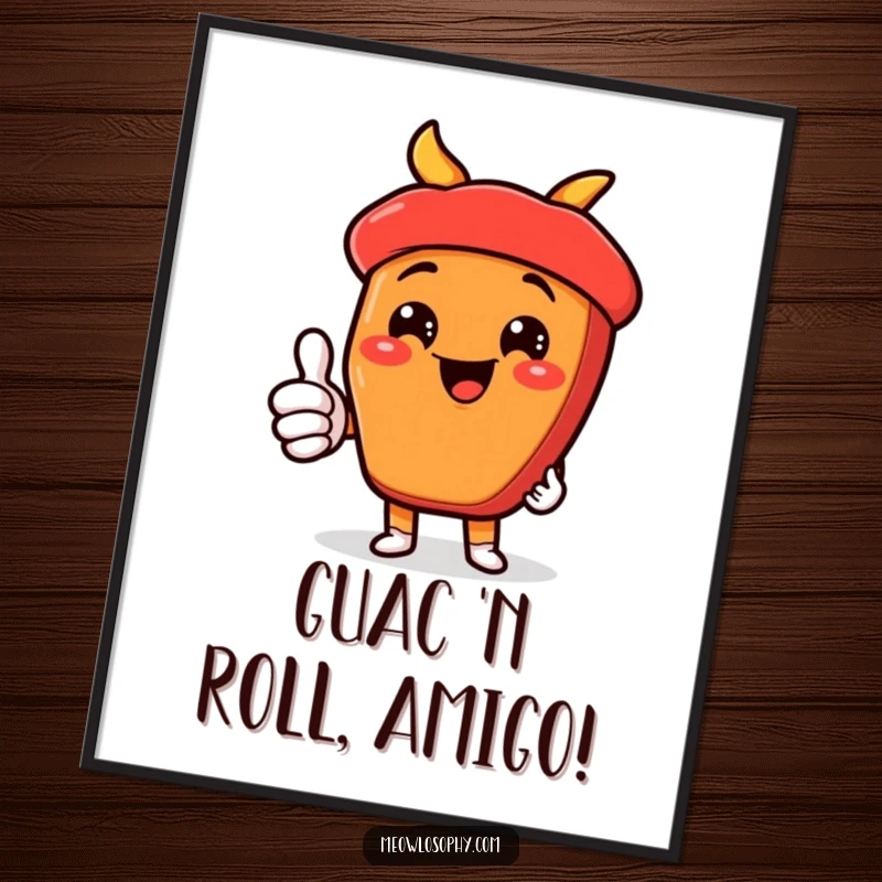 Funny Free Printable Wall Art: Kawaii fajita ingredient character with a cheesy grin giving a thumbs-up, perfect for downloadable kitchen decor.