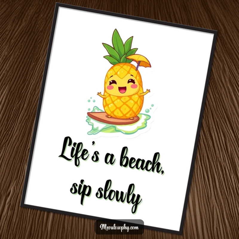 Funny Free Printable Wall Art: A giggling pineapple in a tiny umbrella surfs a wave of lemonade with pure joy.