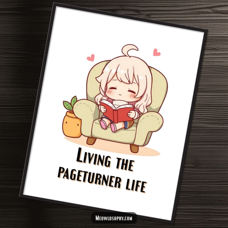 Funny Free Printable Wall Art: Character contentedly reading a book while relaxing in a cozy armchair, creating a peaceful scene.