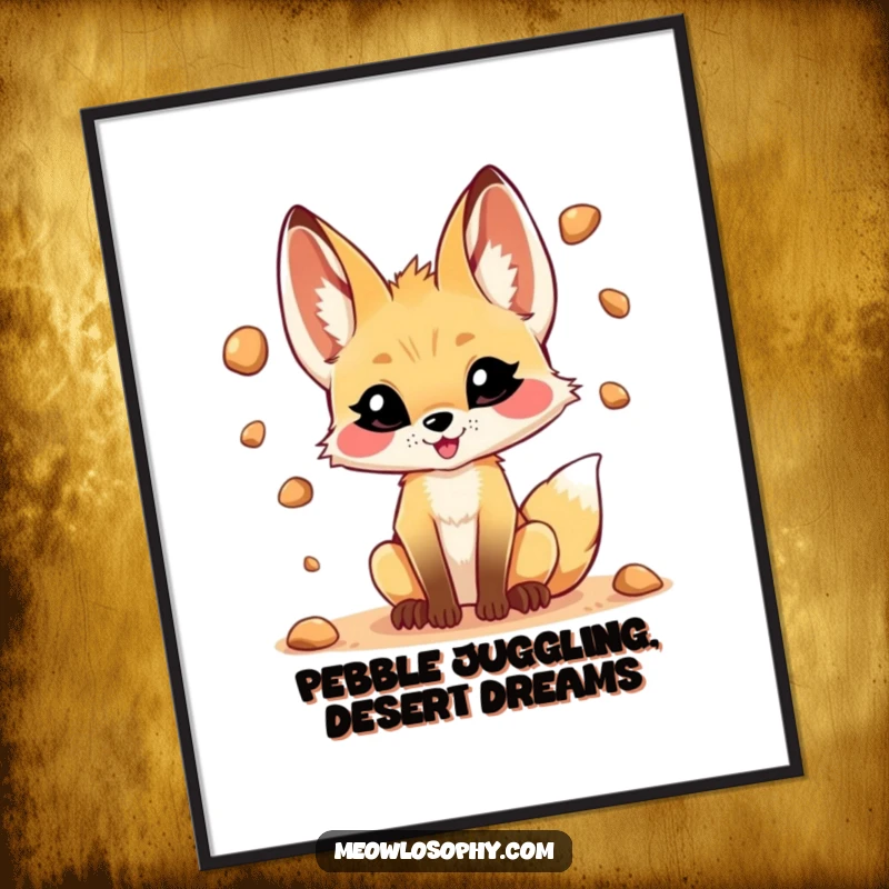 Funny Free Printable Wall Art: Mischievous Fennec fox with a grin skillfully juggling small desert pebbles.