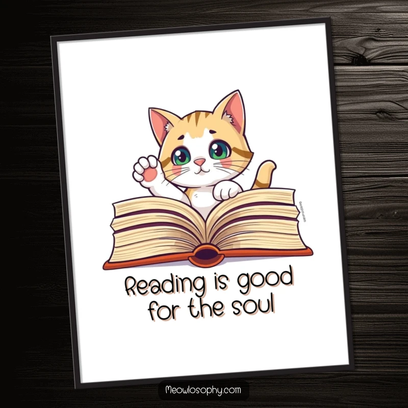 Funny Free Printable Wall Art: Curious cat thoughtfully peeks from a giant book, adding a witty, contemplative vibe.