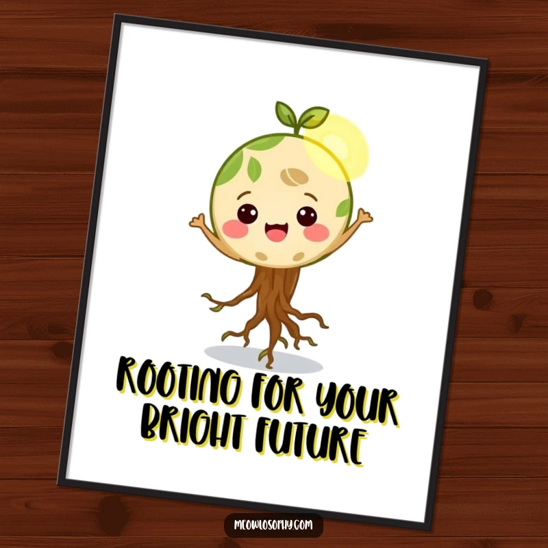 Funny Free Printable Wall Art: A happy, dancing Earth character with roots wiggling energetically in a warm sunbeam. Joyful downloadable.