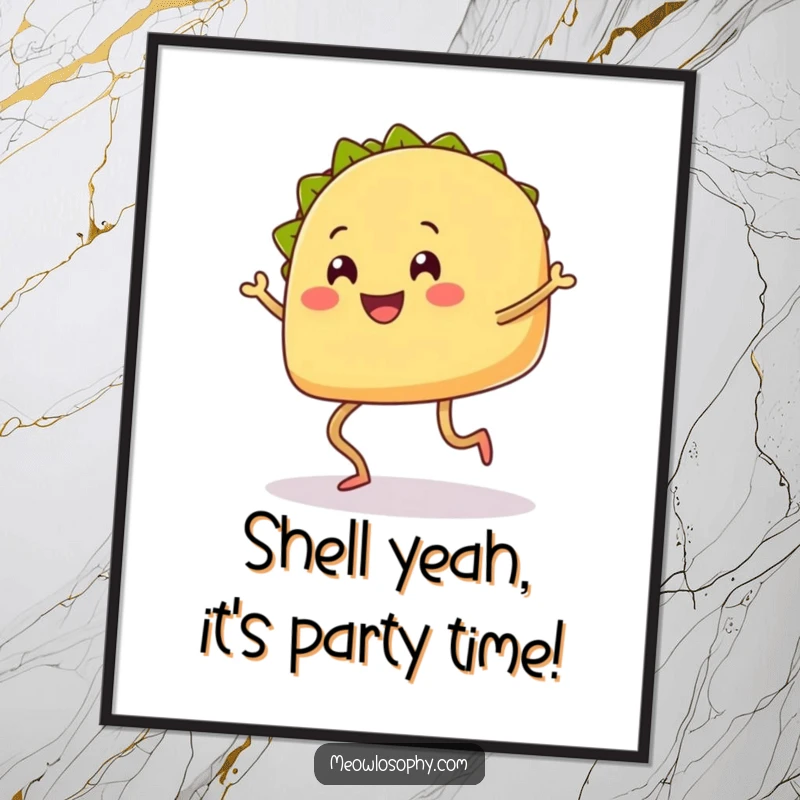 Funny Free Printable Wall Art of a smiling taco on legs doing an energetic shuffle dance.