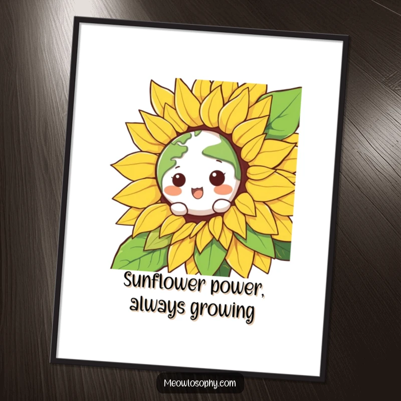 Funny Free Printable Wall Art: A kawaii earth character peeks mischievously from a giant smiling sunflower. Whimsical and cheerful decor.