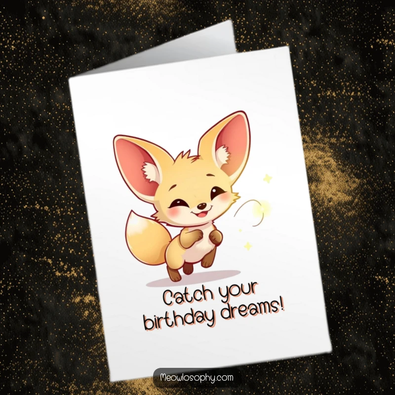 Funny Free Printable Birthday Card: Happy Fennec fox with big ears joyfully pursues a bright firefly.
