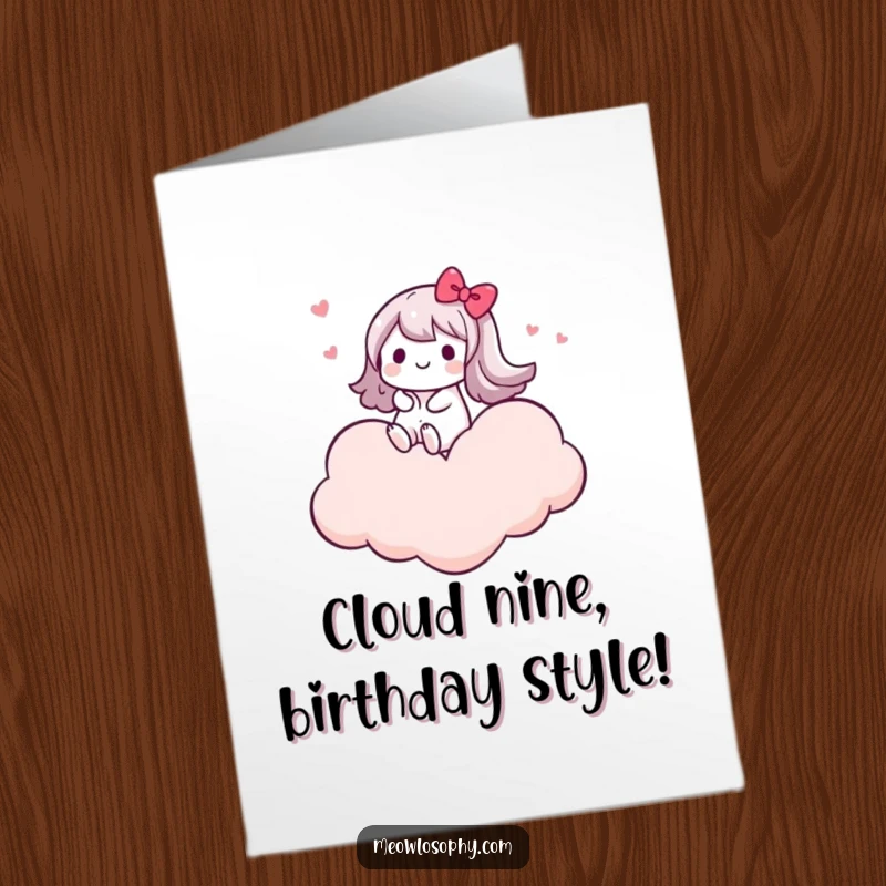 Funny Free Printable Birthday Card: a kawaii character joyfully riding a fluffy cloud shaped like a heart, floating in bliss.