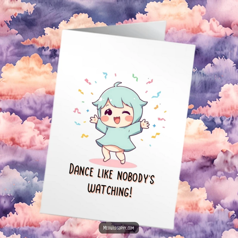 Funny Free Printable Birthday Card of a character doing a silly dance with flying streamers, downloadable art.