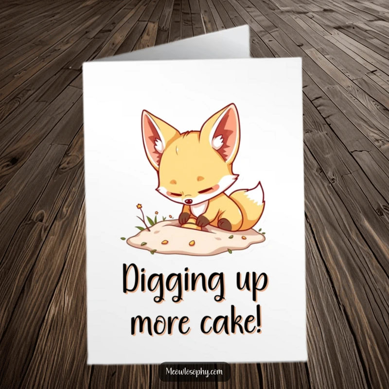 Funny Free Printable Fennec Fox Birthday Card: Excited fox burying a tiny treasure, celebrating with joy. DIY downloadable gift.