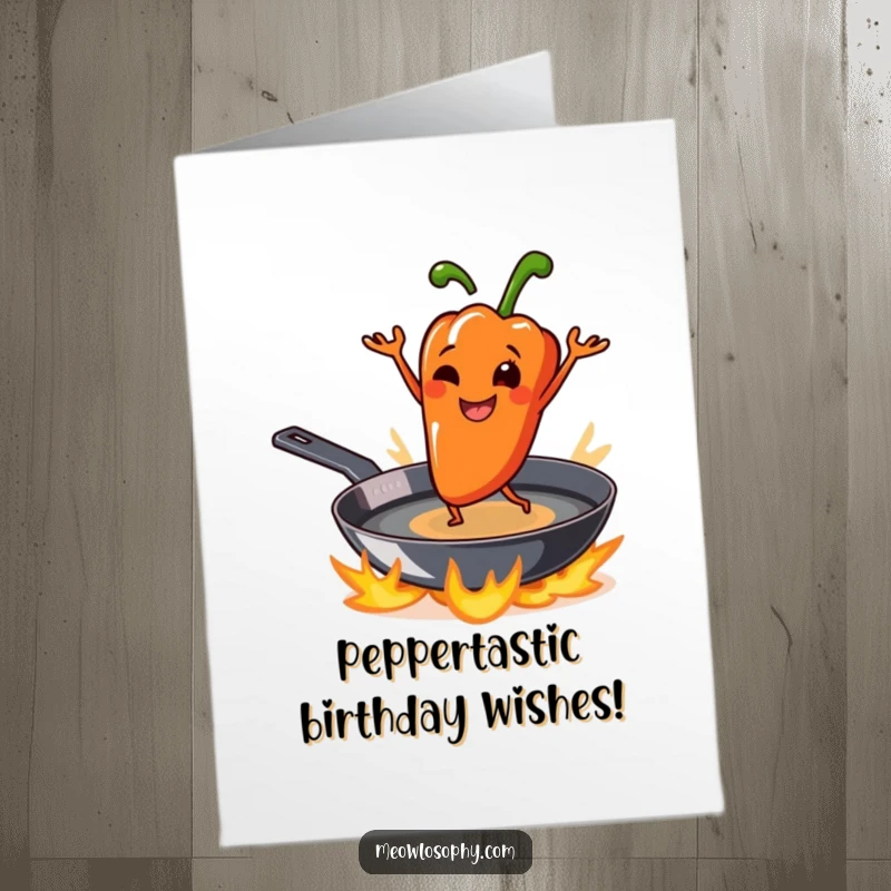 Funny Free Printable Birthday Card: Smiling grilled pepper character playfully dancing on a sizzling skillet, celebrating birthday with downloadable heat.