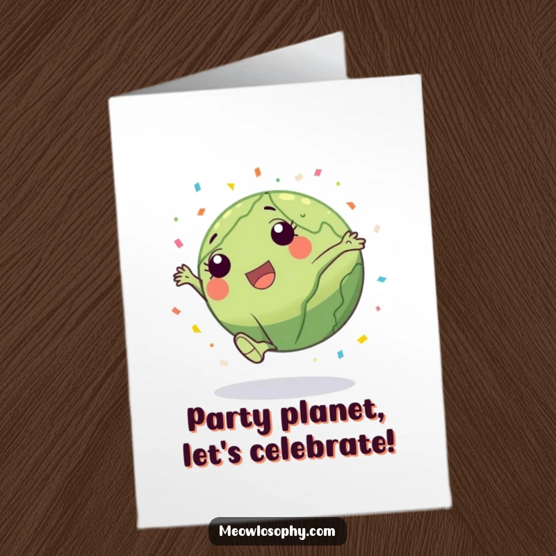 Funny Free Printable Birthday Card: A playful earth character does a cartwheel, leaving a trail of confetti. Energetic and fun.