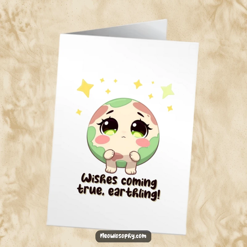 Funny Free Printable Birthday Card: A cute earth character with big sparkling eyes looks up at shooting stars. Dreamy and humorous.