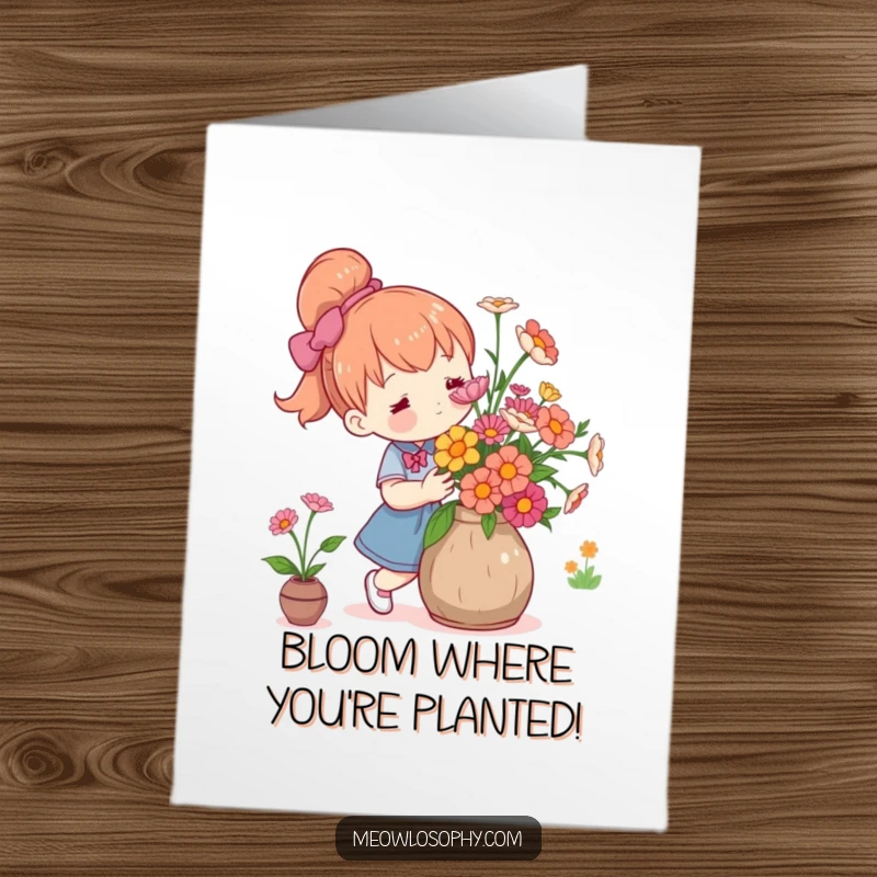 Funny Free Printable Birthday Card: Cute character carefully arranging vibrant fresh flowers in a rustic vase with a happy expression.