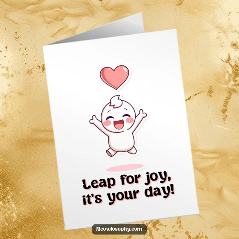 Funny Free Printable Birthday Card: Adorable character leaping with glee, a heart symbol floating above, celebrating joyfully.